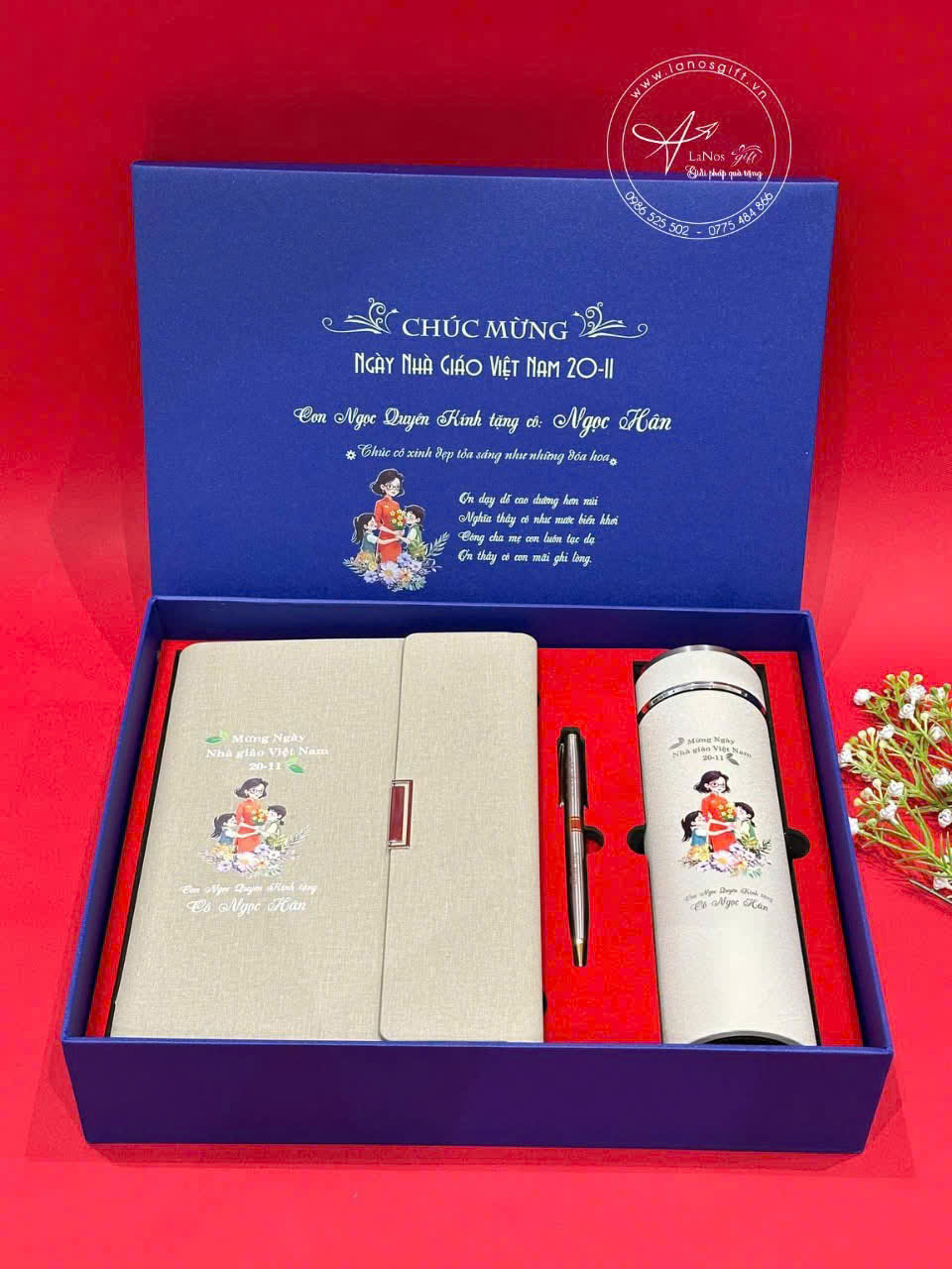 Hộp Quà Tặng 20/11 In Nội Dung Cá Nhân Hóa – Sổ Tay, Bút & Bình Giữ Nhiệt - LNGS 09
