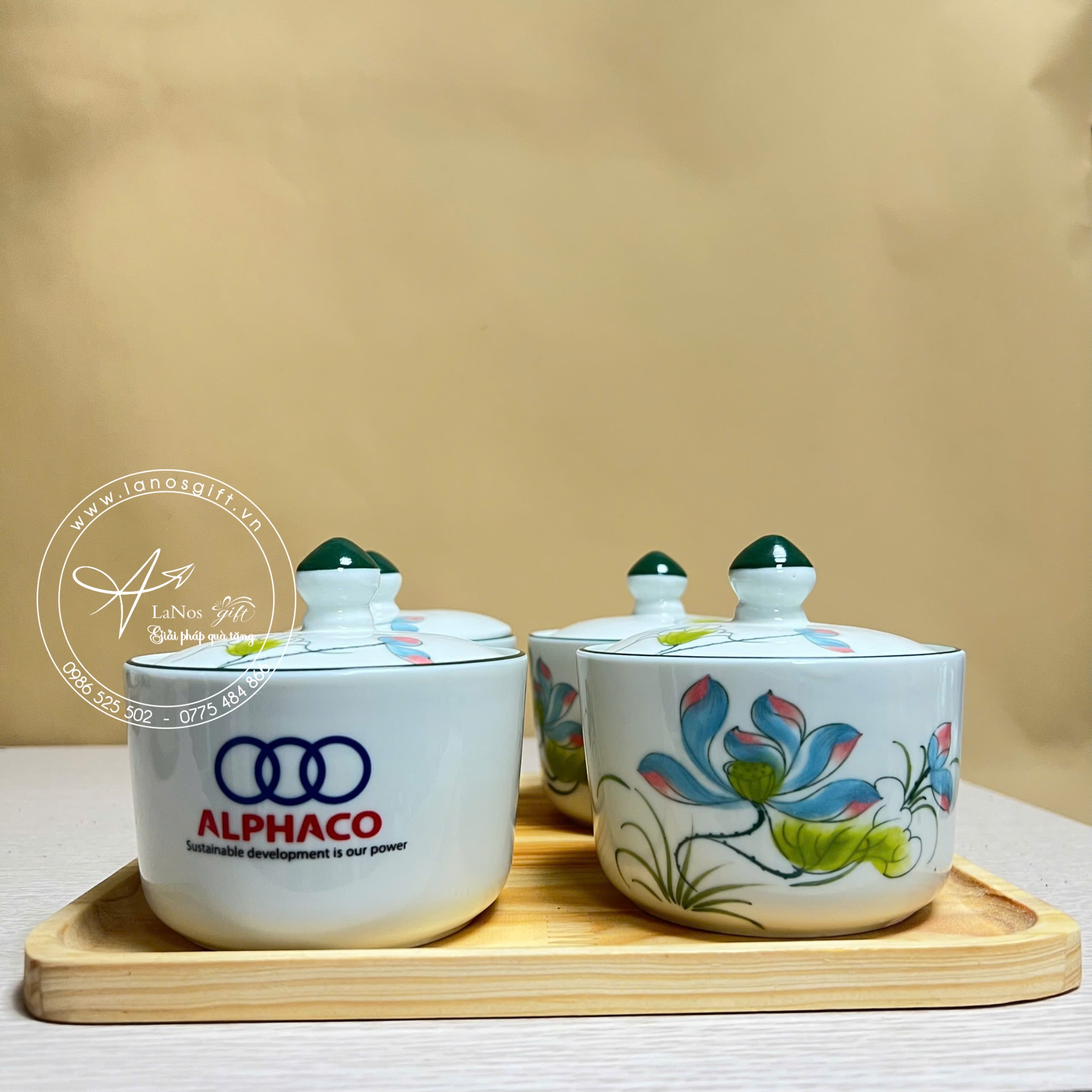 Khay mứt bộ 4 hũ men trắng vẽ tay hoa sen in logo - LNKM 01 - Hình ảnh 5