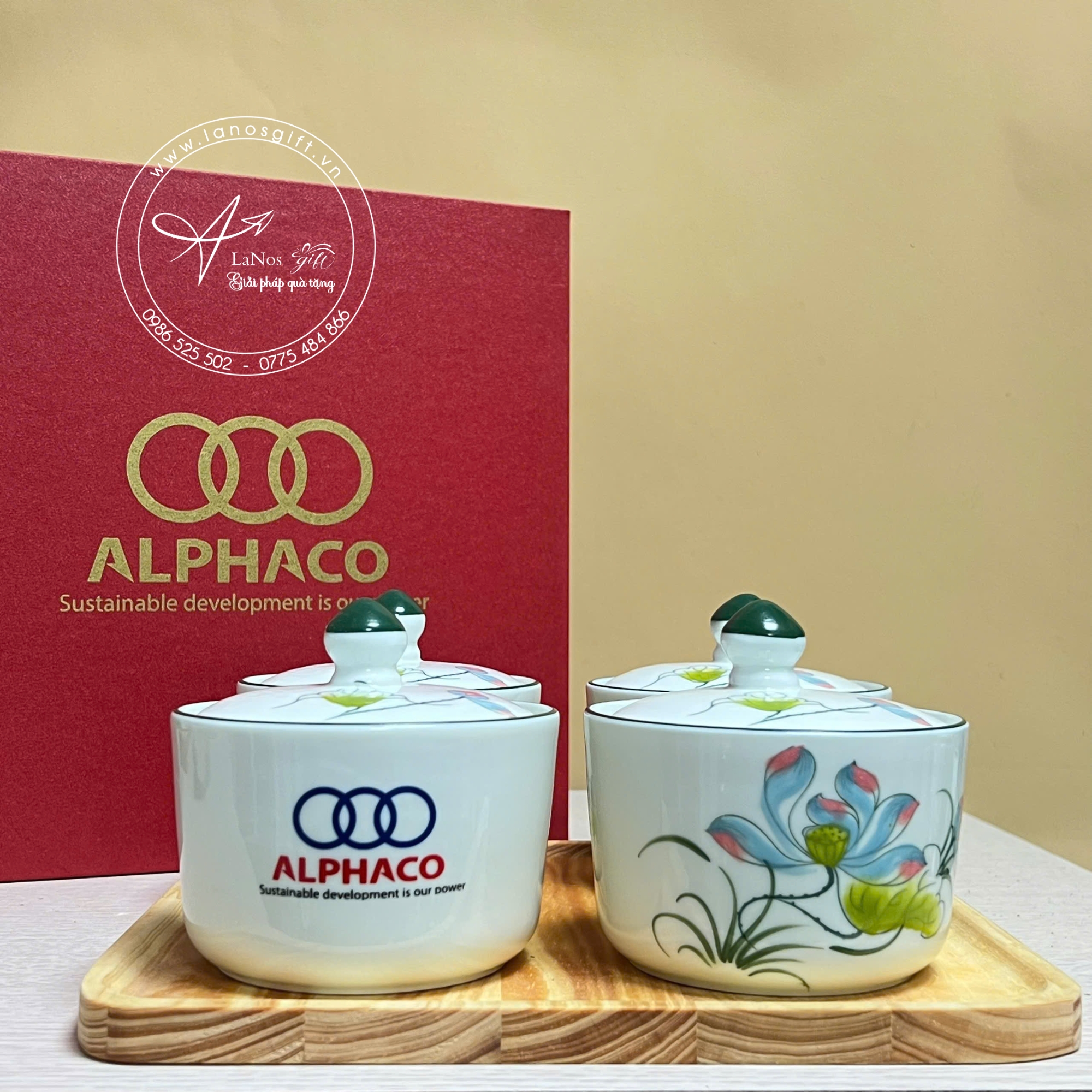 Khay mứt bộ 4 hũ men trắng vẽ tay hoa sen in logo - LNKM 01 - Hình ảnh 6