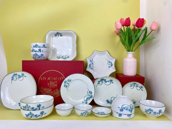 Bộ bát dĩa gốm sứ Bát Tràng hoa sen mạ vàng